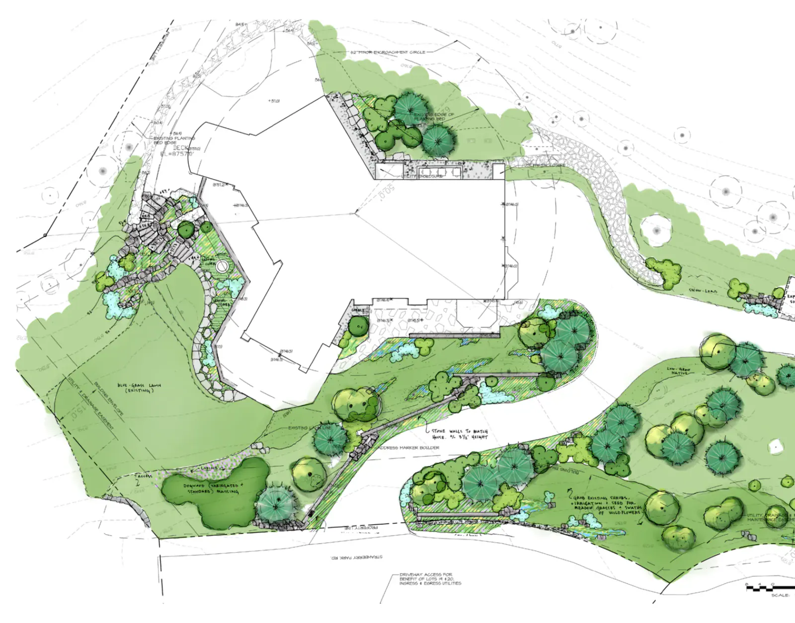 Designed mountain-residence landscape with structured planting, stone, and outdoor living — Benge